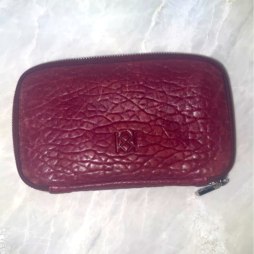 Textured Wine Leather Zip Wallet - Unbranded